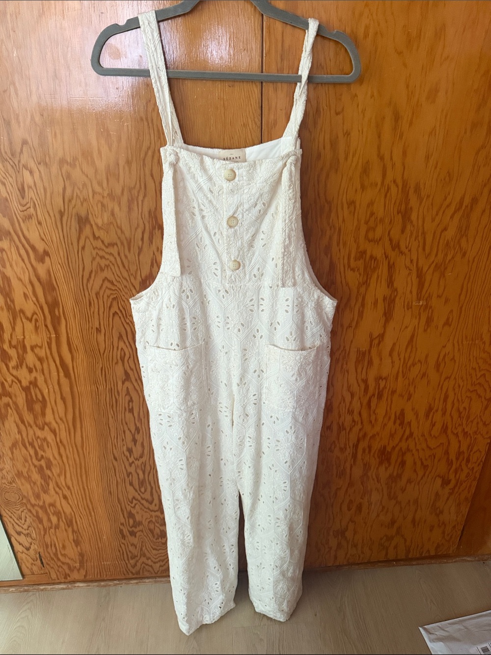 Sezane Brian Eyelet Linen-Blend Overalls in Cream/Ecru
